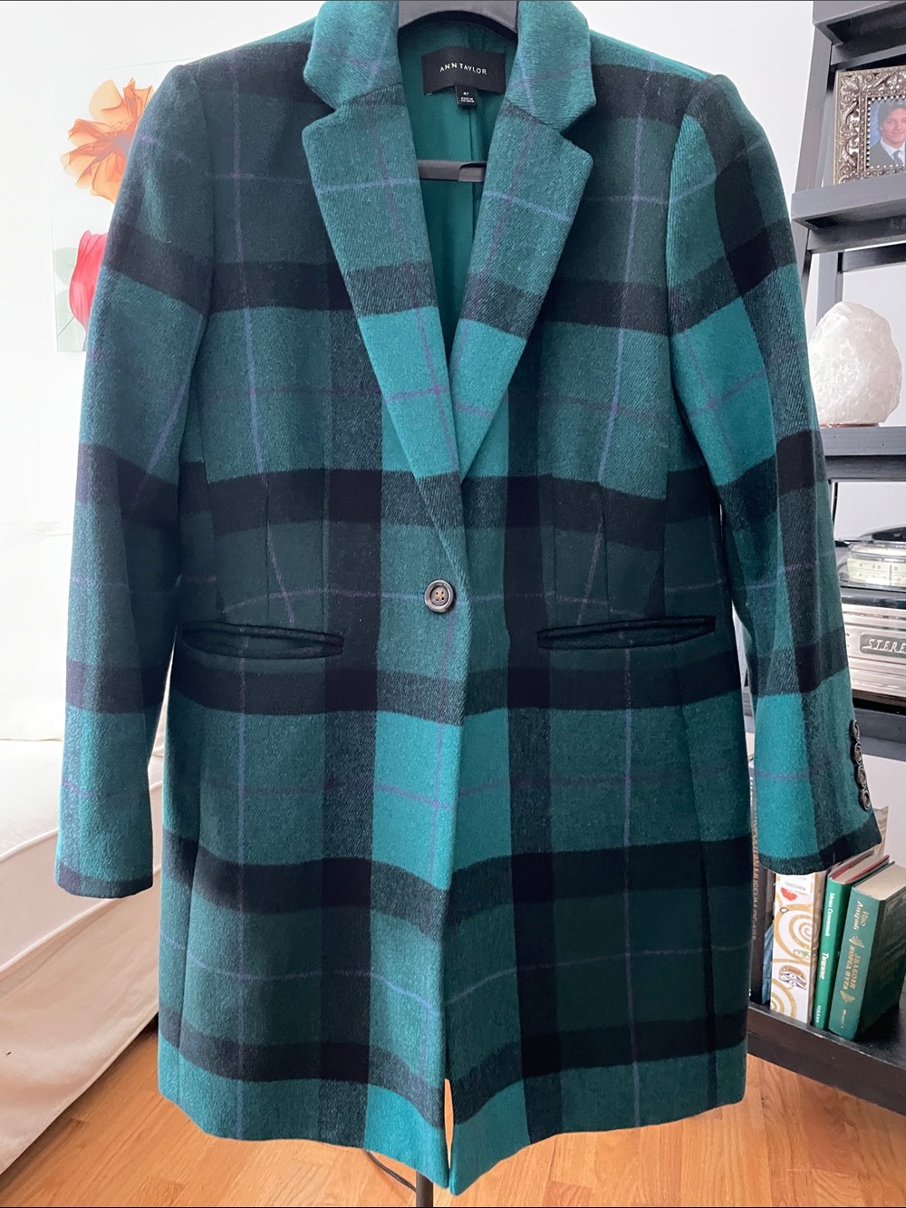 Ann Taylor Teal and Black Plaid Single-Button Pea Coat